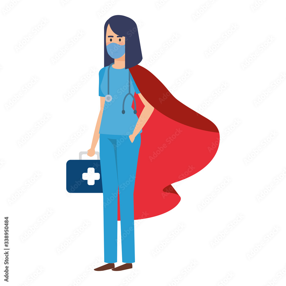 super female paramedic with hero cloak and first aid kit vector illustration design