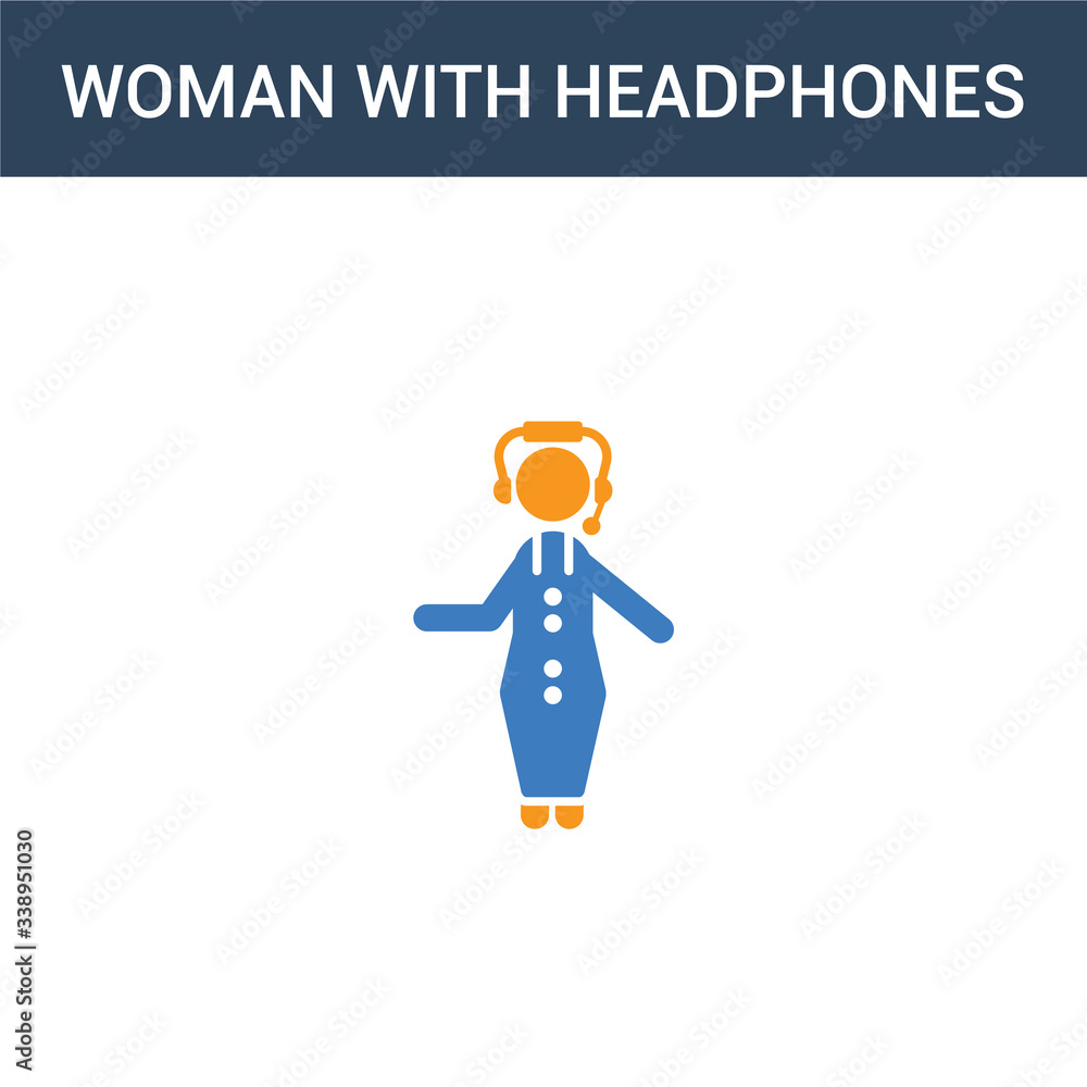 two colored Woman with Headphones and Microphone concept vector icon. 2 color Woman with Headphones and Microphone vector illustration. isolated blue and orange eps icon on white background.