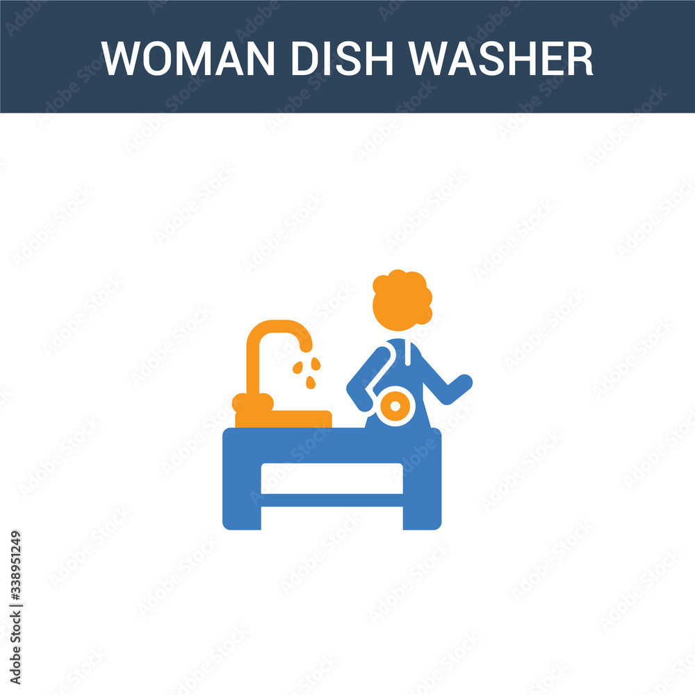 two colored Woman Dish Washer concept vector icon. 2 color Woman Dish Washer vector illustration. isolated blue and orange eps icon on white background.