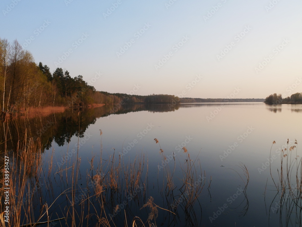 Lake at sunset, on a background of trees. Reflection of nature in the lake. Diamond Lake Kiev, Ukraine.