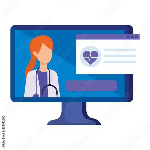 medicine online with doctor female and computer vector illustration design