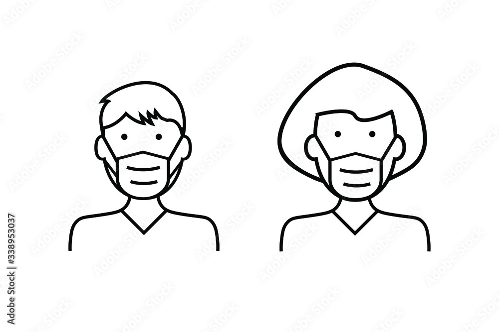 Man and Woman in medical face protection mask. Pandemic disease prevention. Vector isolated Man and Woman in medical face protection mask. Pandemic disease prevention. Vector isolated