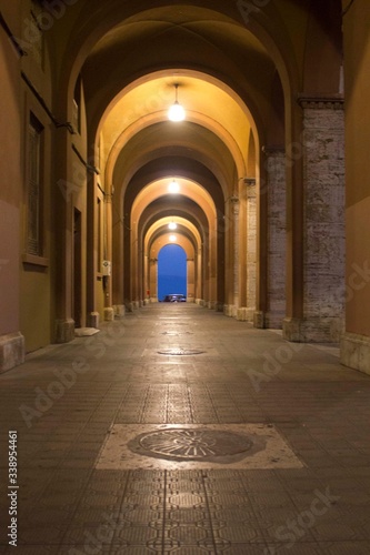 Night view of an historic porch in the cityof Perugia, Italy