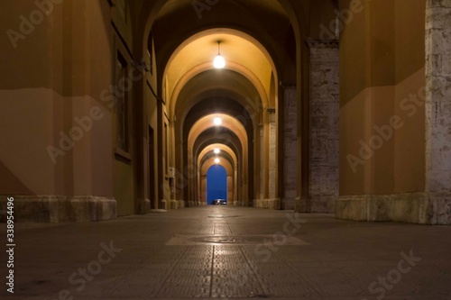 Night view of an historic porch in the cityof Perugia, Italy