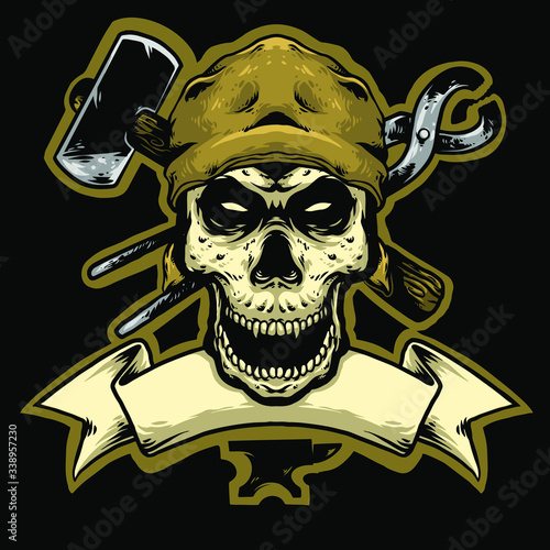 skull head blacksmith with hammer and iron logo design mascot vector