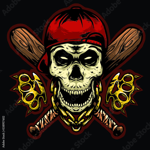 Photography skull head gangsta with knuckles and baseball sticks logo design vector mascot