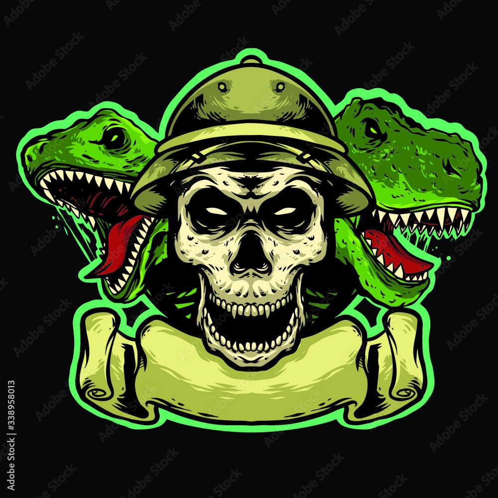 Fototapeta premium skull head with dinosaur and banner logo mascot design vector