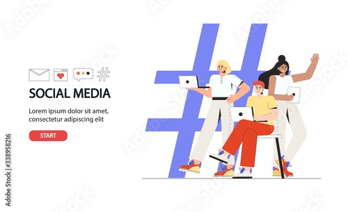 Social Media Concept for banner and website. Hashtag - big symbol with  people using laptop and tablet. Young people customer sending posts and sharing. Landing page template. Flat style vector.