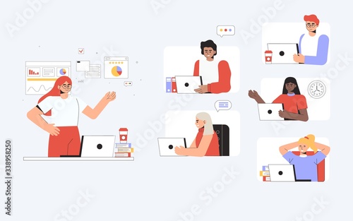 Online education concept in flat style vector illustration. The class is studying using video calling aps with teacher. Online training courses, distance education. Flat style vector illustration.