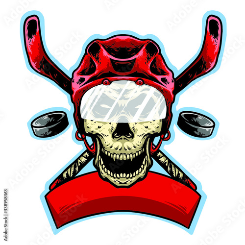 skull helmet head hokey with stick and banner logo design mascot vector