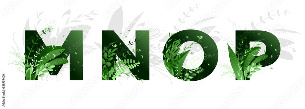 Vector illustration. Flower font alphabet m,n,o,p. Green letters and elements of nature, branches leaves and birds Vector illustration. Flower font alphabet m,n,o,p. Green letters and elements of nature, branches leaves and birds