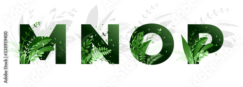 Vector illustration. Flower font alphabet m,n,o,p. Green letters and elements of nature, branches leaves and birds