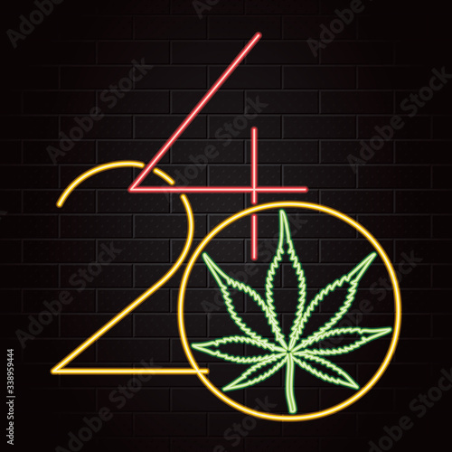 420 Cannabis Culture Logo with Numerals and Marijuana Leaf Composition Glowing Neon Light Style - Green Red and Yellow Elements on Black Brick Wall Background - Hand Drawn Doodle Design