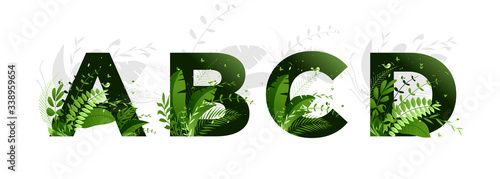 Vector illustration. Flower font alphabet a,b,c,d. Green letters and elements of nature, branches leaves and birds