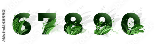Vector illustration. Flower font numbers 6,7,8,9,0. Green numbers and elements of nature, branches leaves and birds