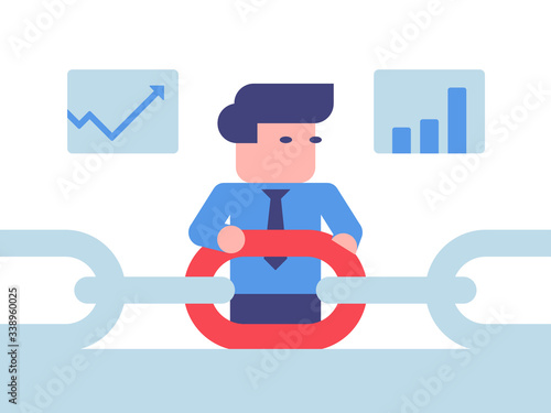 Business solution of problem. Business man found the missing part, element, piece. Supply chain system protection. Strengthening, growth.