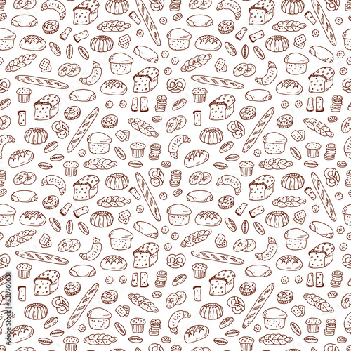 Bread products. Hand drawn Doodles Bakery - Vector Seamless pattern
