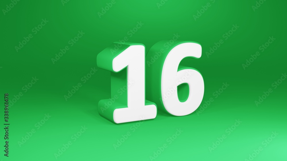 Number 16 in white on green background, isolated number 3d render Number 16 in white on green background, isolated number 3d render