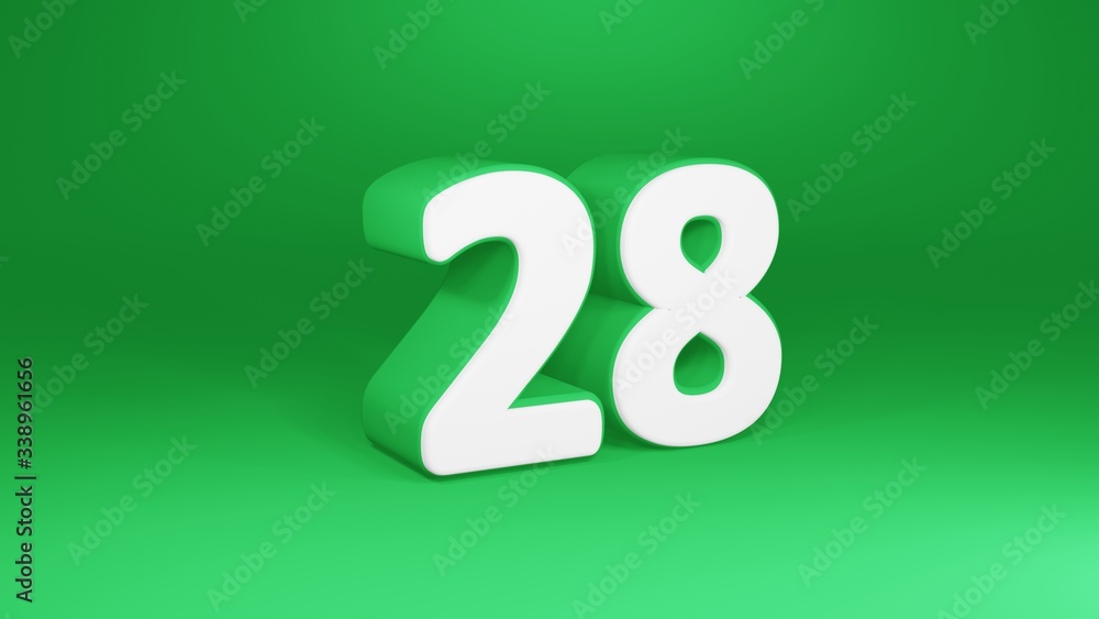 Number 28 in white on green background, isolated number 3d render Number 28 in white on green background, isolated number 3d render