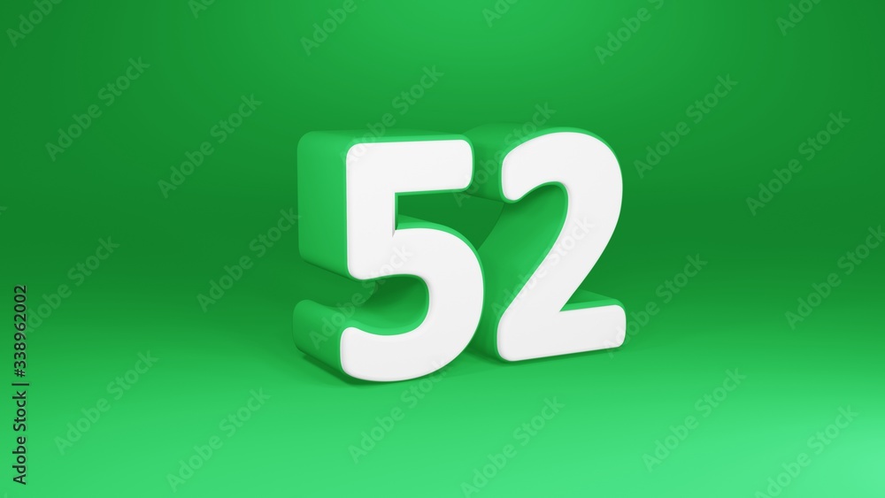 Number 52 in white on green background, isolated number 3d render Number 52 in white on green background, isolated number 3d render