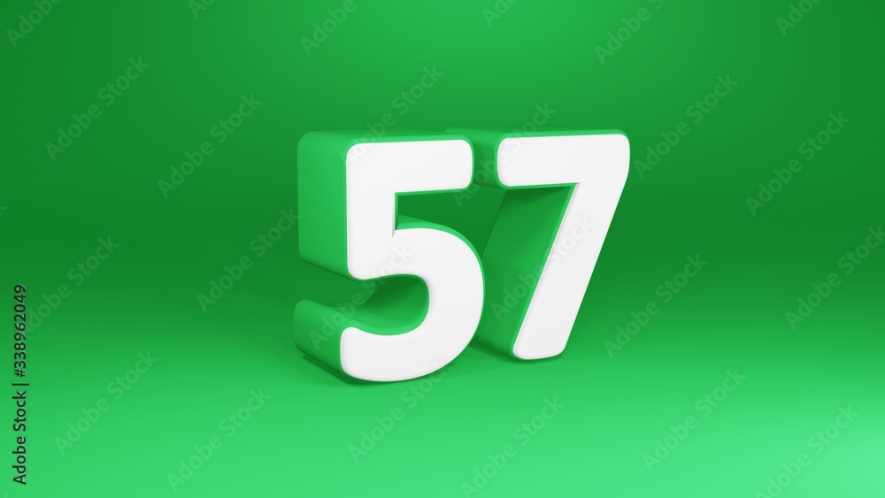 Number 57 in white on green background, isolated number 3d render Number 57 in white on green background, isolated number 3d render