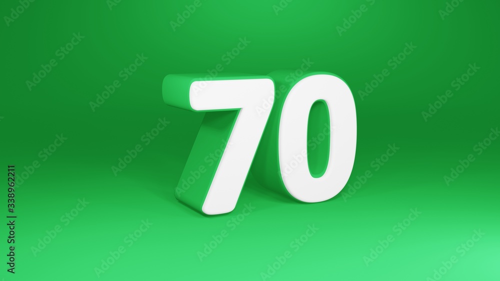 Number 70 in white on green background, isolated number 3d render Number 70 in white on green background, isolated number 3d render