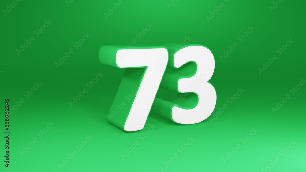 Number 73 in white on green background, isolated number 3d render Number 73 in white on green background, isolated number 3d render