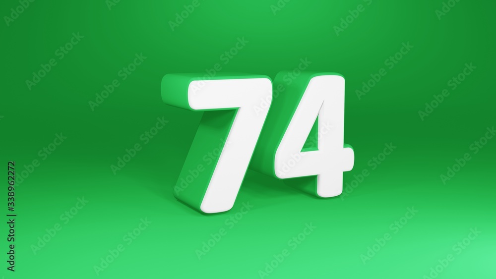Number 74 in white on green background, isolated number 3d render Number 74 in white on green background, isolated number 3d render