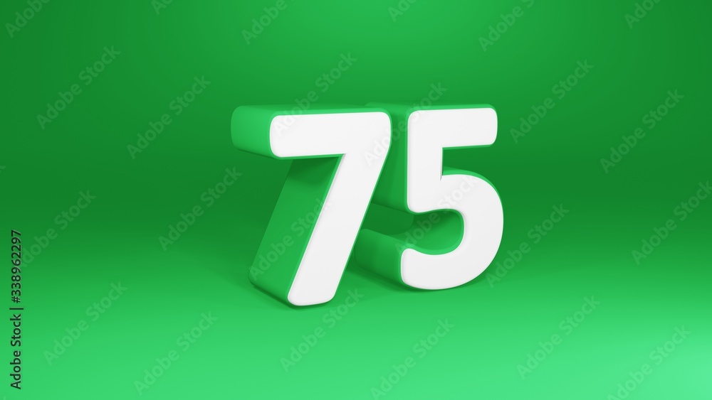 Number 75 in white on green background, isolated number 3d render Number 75 in white on green background, isolated number 3d render