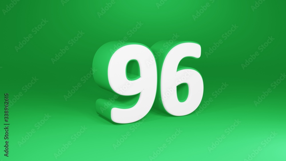 Number 96 in white on green background, isolated number 3d render Number 96 in white on green background, isolated number 3d render