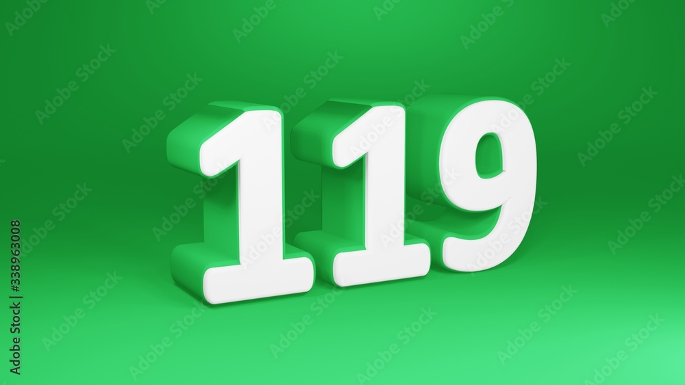 Number 119 in white on green background, isolated number 3d render Number 119 in white on green background, isolated number 3d render