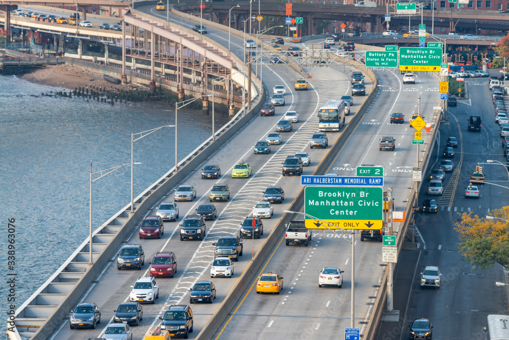 NEW YORK CITY - OCTOBER 2015: Traffic along FDR Drive in Manhattan, aerial view, USA