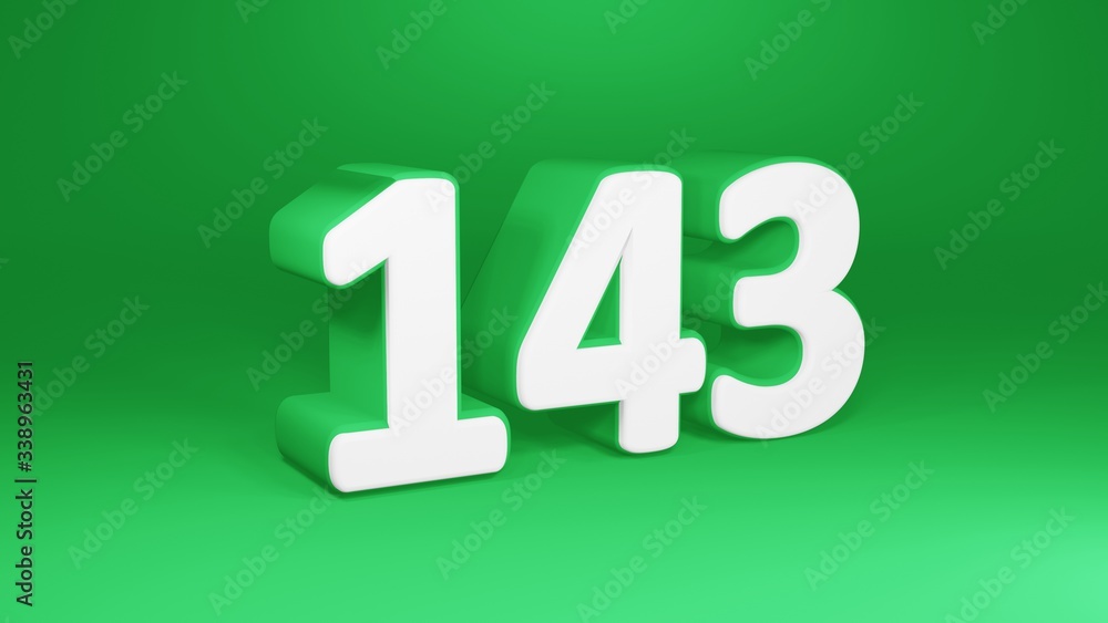 Number 143 in white on green background, isolated number 3d render Number 143 in white on green background, isolated number 3d render