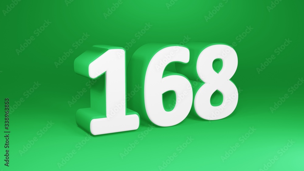 Number 168 in white on green background, isolated number 3d render Number 168 in white on green background, isolated number 3d render