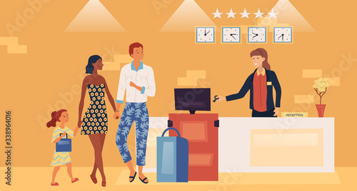 Professional Hotel Service Concept. Father, Mother And Daughter On Five Star Hotel Reception Desk. Receptionist Gives The Keys From Apartments. Family Stay In Hotel. Cartoon Flat Vector illustration