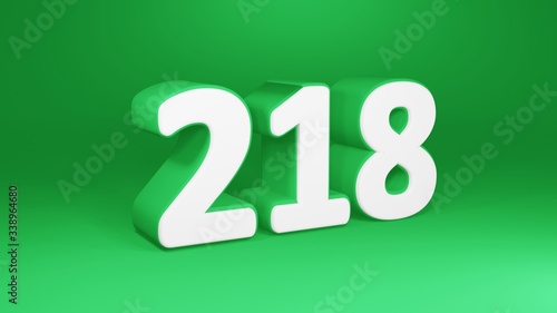 Number 218 in white on green background, isolated number 3d render