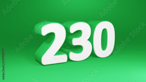 Number 230 in white on green background, isolated number 3d render