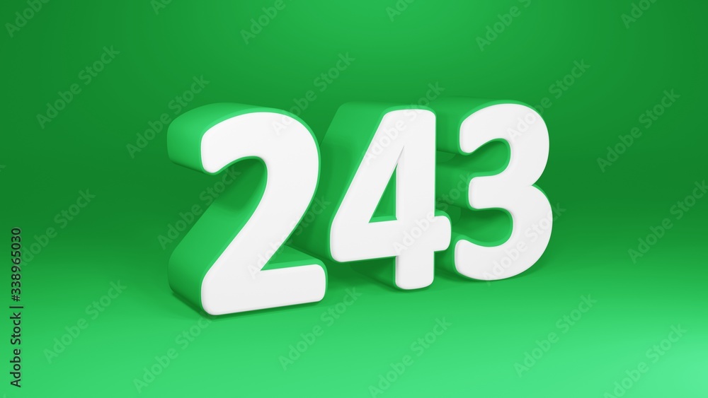 Number 243 in white on green background, isolated number 3d render Number 243 in white on green background, isolated number 3d render