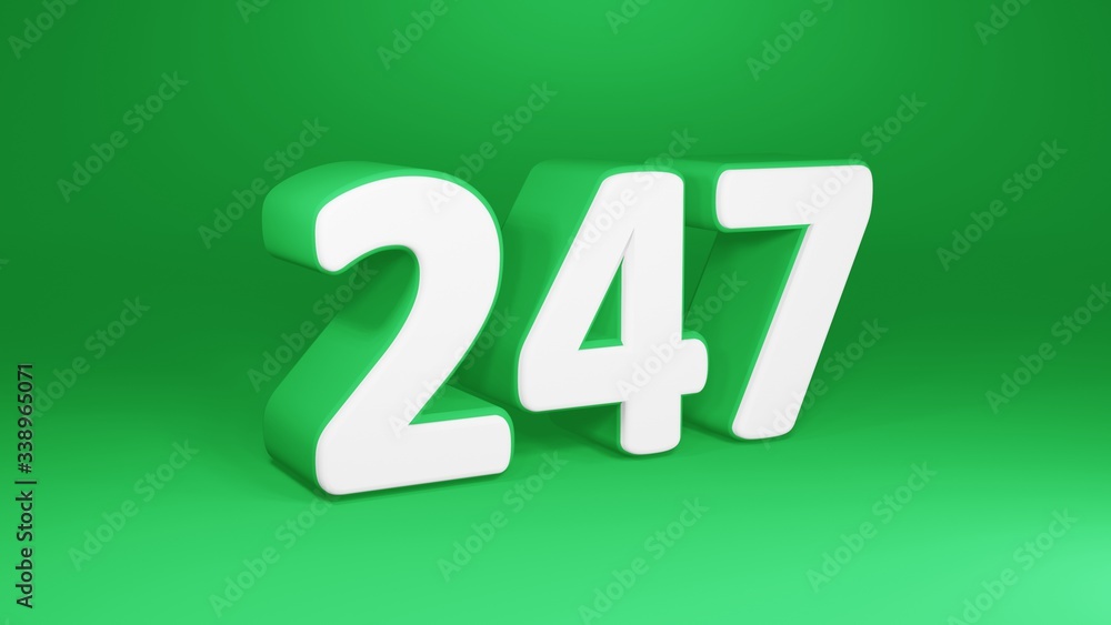 Number 247 in white on green background, isolated number 3d render