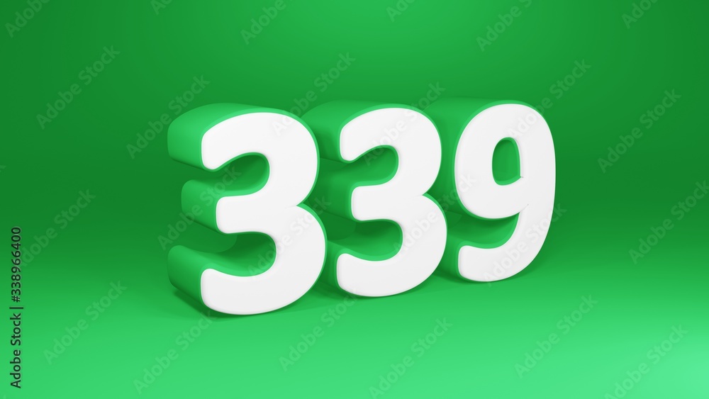 Number 339 in white on green background, isolated number 3d render