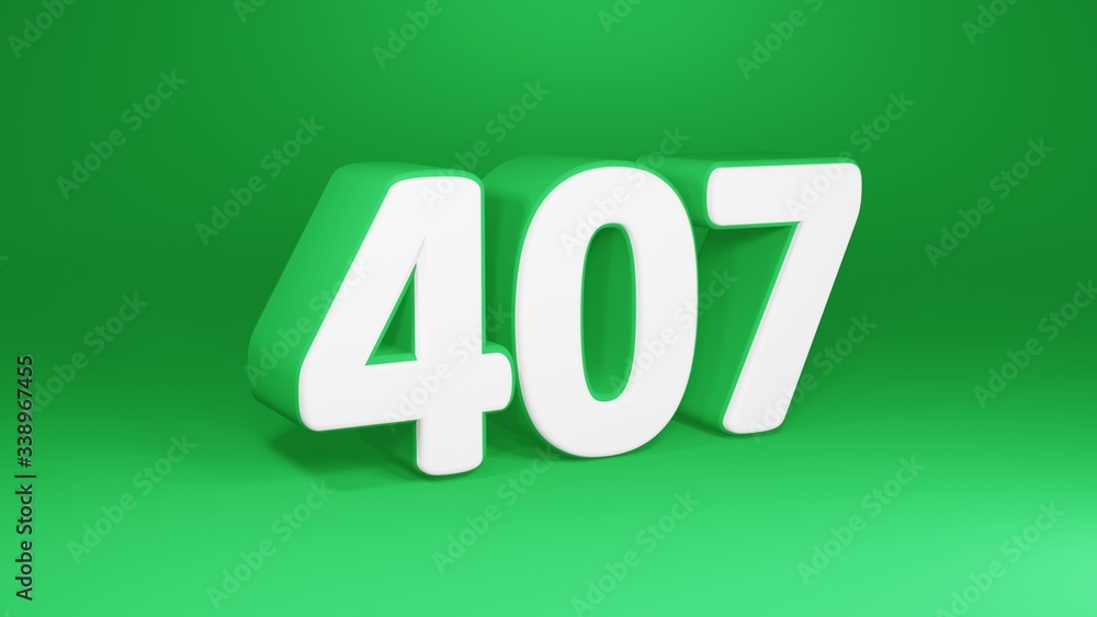 Number 407 in white on green background, isolated number 3d render Number 407 in white on green background, isolated number 3d render