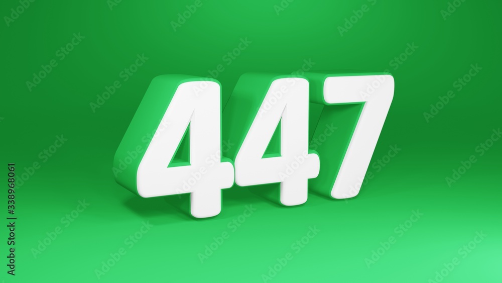Number 447 in white on green background, isolated number 3d render Number 447 in white on green background, isolated number 3d render