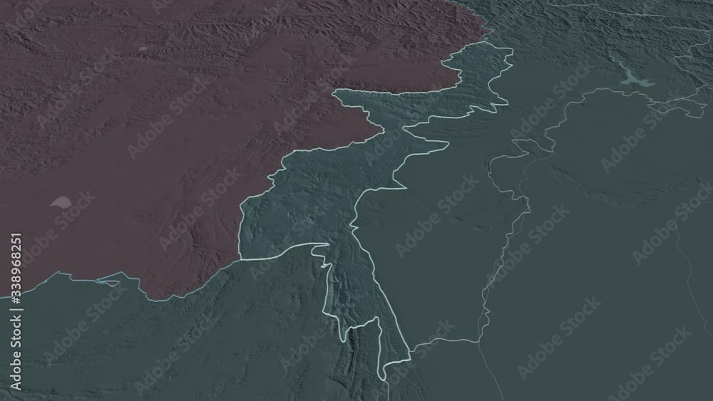 F.A.T.A., territory with its capital, zoomed and extruded on the administrative map of Pakistan in the conformal Stereographic projection. Animation 3D F.A.T.A., territory with its capital, zoomed and extruded on the administrative map of Pakistan in the conformal Stereographic projection. Animation 3D