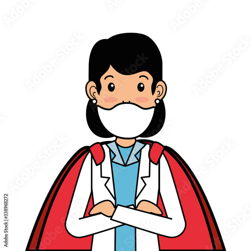super doctor female with face mask and hero cloak vector illustration design