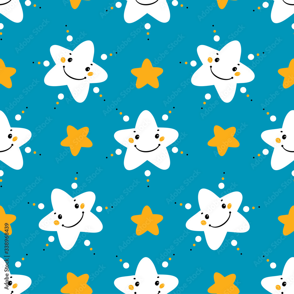 Kawaii Cute Stars Vector Seamless Pattern for Kids. Space Blue Striped Background with Little White Star for Nursery, Baby Shower Scandinavian Design

