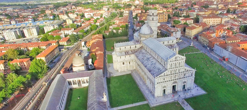 Pisa, Italy. Panoramic aerial view of Field of Miracles. Tuscany town on a sunny summer day
