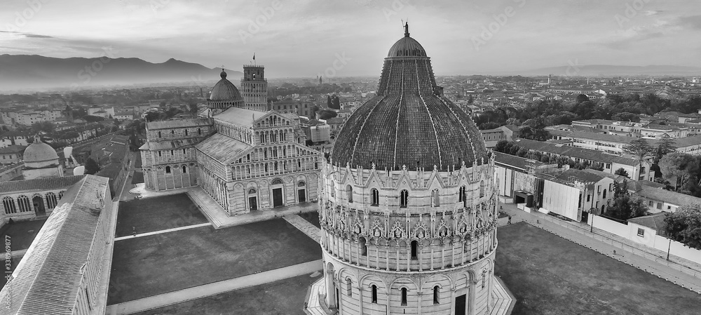 Amazing black and white aerial view of Field of Miracles, famous square of Pisa, Tuscany, Italy