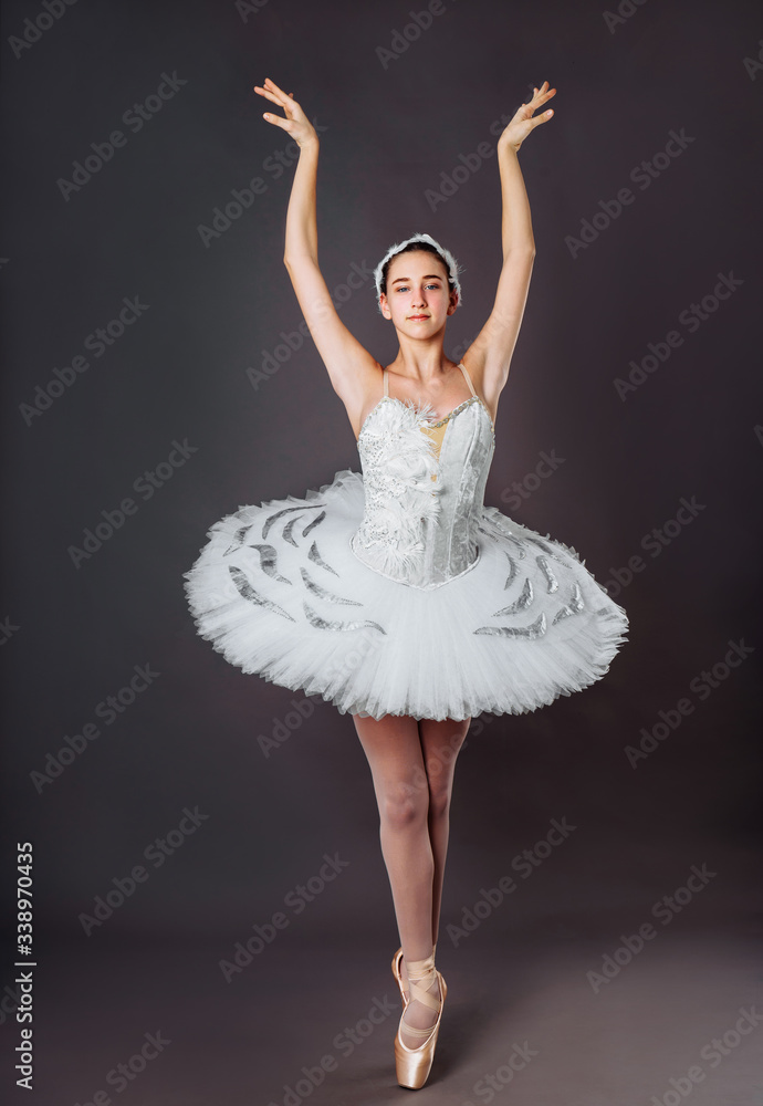 Classical Ballet dancer portrait. Beautiful graceful ballerina in white tutu from Swan lake practice releve ballet position in the studio. Vertical image of gifted young teenager in pointe on hippies Classical Ballet dancer portrait. Beautiful graceful ballerina in white tutu from Swan lake practice releve ballet position in the studio. Vertical image of gifted young teenager in pointe on hippies