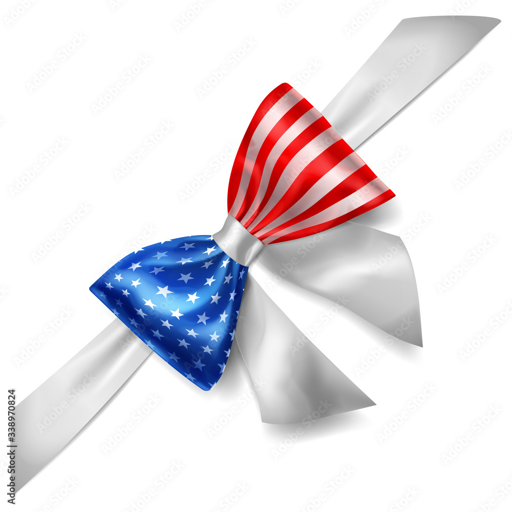 Fototapeta premium Big bow made of ribbon in USA flag colors with shadow on white background