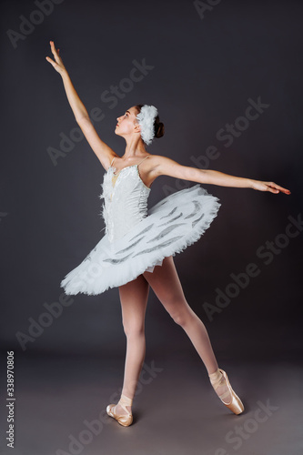 Graceful ballet dancer or classic ballerina dancing isolated on grey studio background. The dance, grace, artist, contemporary, movement, action and motion concept. Swan Lake Costume